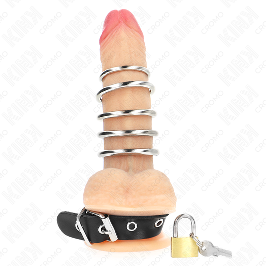 KINK - ANNEAU PÉNIS EN CUIR AVEC VERROUILLAGE 21 X 2 CM ET 5 ANNEAUX MÉTALLIQUES DE 3 CM À 4 CM