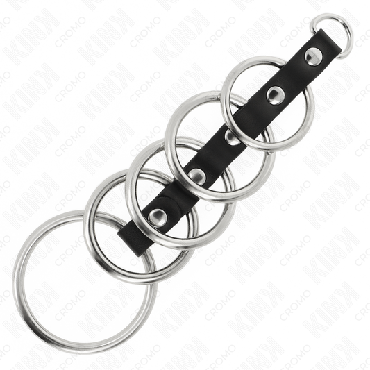 KINK - 5 ANNEAUX PÉNIS EN MÉTAL DE 3,2 CM À 5 CM CONNECTÉS PAR DU SIMILICUIR