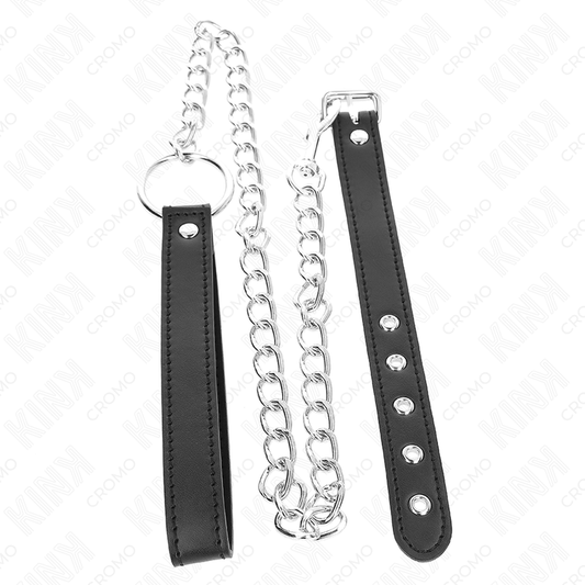 KINK - ANNEAU PÉNIS EN CUIR 21,5 X 2 CM AVEC CHAÎNE MÉTALLIQUE 60 CM ET SANGLE EN CUIR