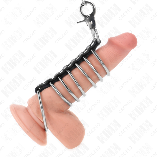 KINK - 7 ANNEAUX PÉNIS EN MÉTAL DE 3,8 CM À 5 CM CONNECTÉS AVEC DU SIMILICUIR ET UNE CHAÎNE EN MÉTAL 100 CM