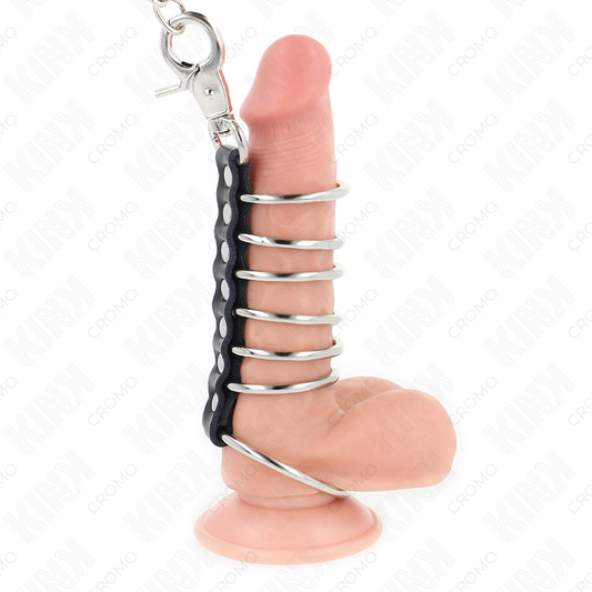 KINK - 7 ANNEAUX PÉNIS EN MÉTAL DE 3,8 CM À 5 CM CONNECTÉS AVEC DU SIMILICUIR ET UNE CHAÎNE EN MÉTAL 100 CM