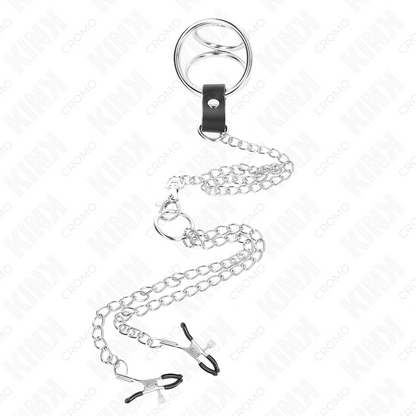 KINK - ANNEAU PÉNITENTIAIRE EN MÉTAL TRIPLE CHROME DE 3 CM À 4,5 CM AVEC CHAÎNE EN MÉTAL DE 26 CM ET PINCES À TÉTONS