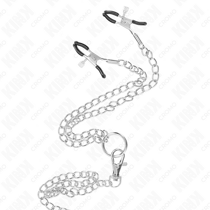 KINK - ANNEAU PÉNITENTIAIRE EN MÉTAL TRIPLE CHROME DE 3 CM À 4,5 CM AVEC CHAÎNE EN MÉTAL DE 26 CM ET PINCES À TÉTONS