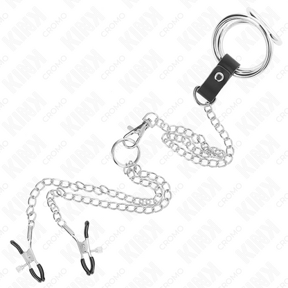 KINK - ANNEAU PÉNITENTIAIRE EN MÉTAL TRIPLE CHROME DE 3 CM À 4,5 CM AVEC CHAÎNE EN MÉTAL DE 26 CM ET PINCES À TÉTONS