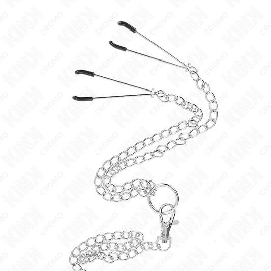 KINK - TRIPLE CHROME METAL COCK RING 3.8 CM TO 5 CM METAL CHAIN 26 CM AND NIPPLE CLAMPS MODEL 2