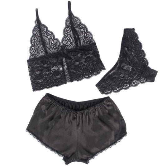 SUBBLIME - 953911 ENSEMBLE 3 PIÈCES EN DENTELLE ET SATIN NOIR S/M