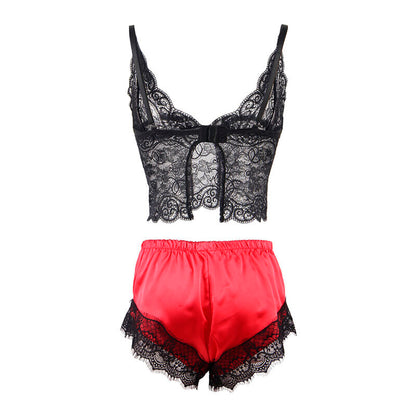 SUBBLIME - 953959 PYJAMA SEXY SATIN ET DENTELLE NOIR/ROUGE S/M