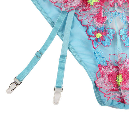 SUBBLIME - 954109 SOUTIEN-GORGE + CULOTTE AVEC PORTE-JARRETELLES BLEU MOTIF FLORAL S/M
