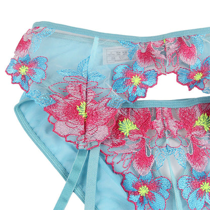 SUBBLIME - 954109 SOUTIEN-GORGE + CULOTTE AVEC PORTE-JARRETELLES BLEU MOTIF FLORAL S/M
