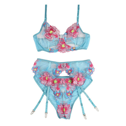 SUBBLIME - 954109 SOUTIEN-GORGE + CULOTTE AVEC PORTE-JARRETELLES BLEU MOTIF FLORAL S/M