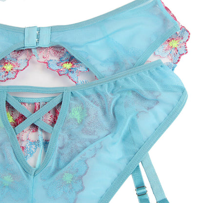 SUBBLIME - 954109 SOUTIEN-GORGE + CULOTTE AVEC PORTE-JARRETELLES BLEU MOTIF FLORAL S/M