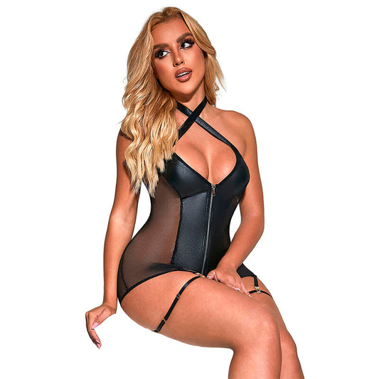 SUBBLIME - 954444 ROBE SEXY EN CUIR NOIR EN RÉSILLE S/M
