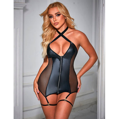 SUBBLIME - 954444 ROBE SEXY EN CUIR NOIR EN RÉSILLE S/M