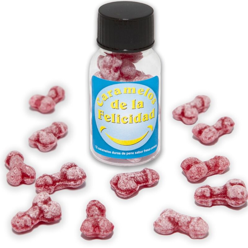 SPICY DEVIL - JAR OF 12 PENIS-SHAPED HAPPINESS CANDIES, STRAWBERRY/CHERRY