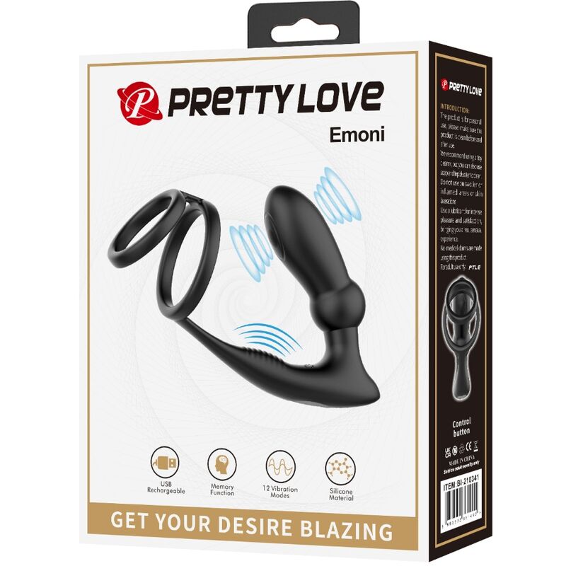 PRETTY LOVE - EMONI ANNEAU PÉNIS + PLUG ANAL 12 VIBRATIONS NOIR