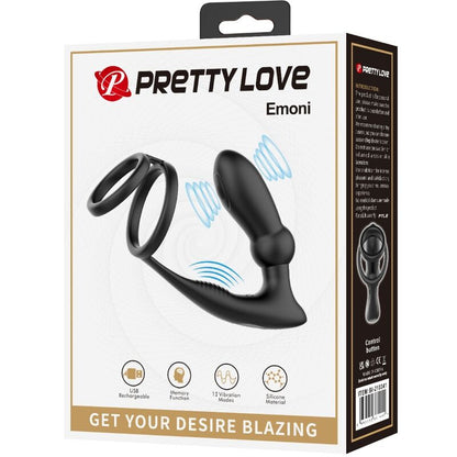PRETTY LOVE - EMONI ANNEAU PÉNIS + PLUG ANAL 12 VIBRATIONS NOIR