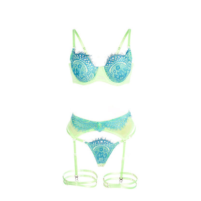 SUBBLIME - 955328 ENSEMBLE SOUTIEN-GORGE ET PORTE-JARRETELLES EN DENTELLE VERT ET BLEU L/XL