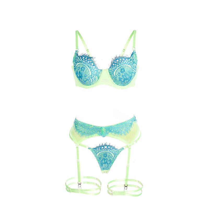 SUBBLIME - 955328 ENSEMBLE SOUTIEN-GORGE ET PORTE-JARRETELLES EN DENTELLE VERT ET BLEU L/XL