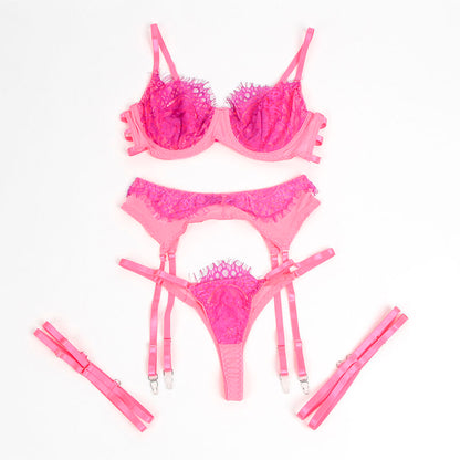 SUBBLIME - 955359 ENSEMBLE SOUTIEN-GORGE ET PORTE-JARRETELLES EN DENTELLE ROSE ET VIOLET S/M