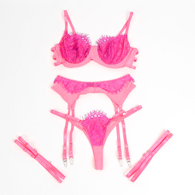 SUBBLIME - 955366 ENSEMBLE SOUTIEN-GORGE ET PORTE-JARRETELLES EN DENTELLE ROSE ET VIOLET L/XL