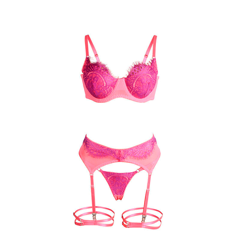 SUBBLIME - 955366 ENSEMBLE SOUTIEN-GORGE ET PORTE-JARRETELLES EN DENTELLE ROSE ET VIOLET L/XL