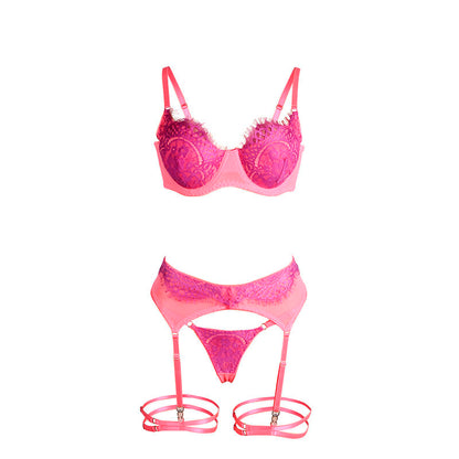 SUBBLIME - 955366 ENSEMBLE SOUTIEN-GORGE ET PORTE-JARRETELLES EN DENTELLE ROSE ET VIOLET L/XL