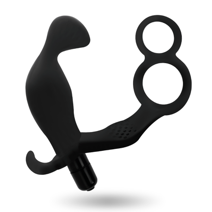 ADDICTED TOYS - PLUG ANAL AVEC DOUBLE ANNEAU, PÉNIS ET TESTICULES, NOIR