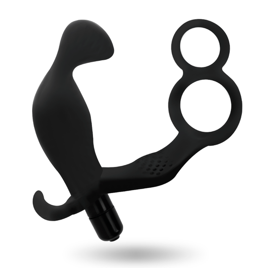 ADDICTED TOYS - PLUG ANAL AVEC DOUBLE ANNEAU, PÉNIS ET TESTICULES, NOIR